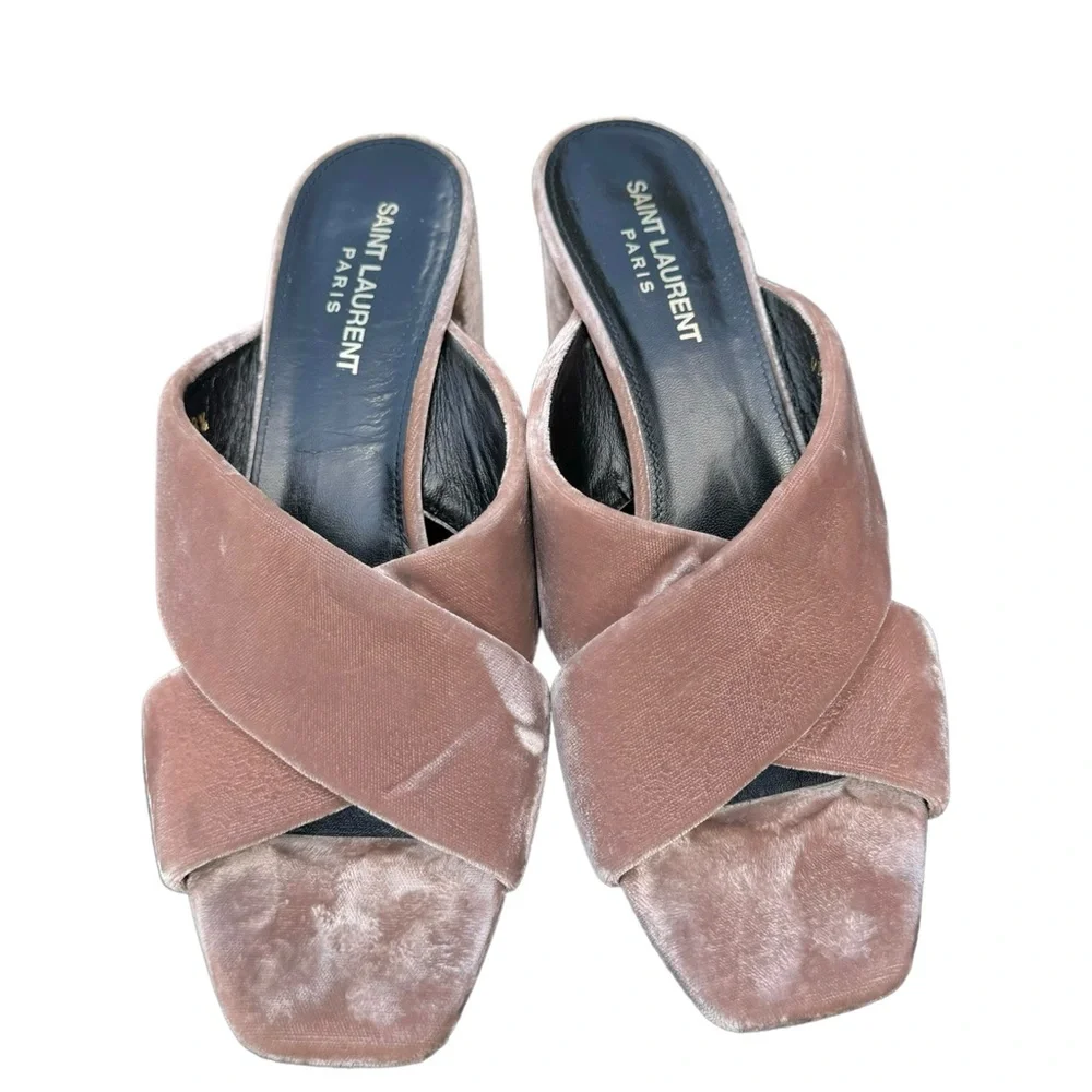 Saint Laurent Loulou Velvet Sandals Pink Crossover Strap Block Heel Mules Womens - Picture 4 of 17